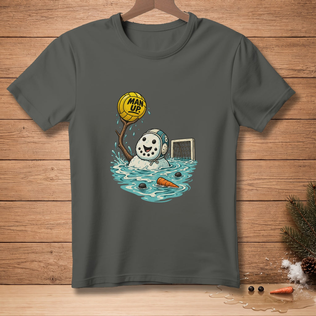 Snowman in water holding a ball with "MAN UP" text.