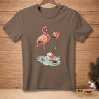 Flamingo taking a selfie with a melting snowman on a brown t-shirt.