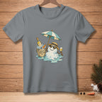 Melting snowman with umbrella, wine bottle, and glass with "KEEP CHILLED." text.