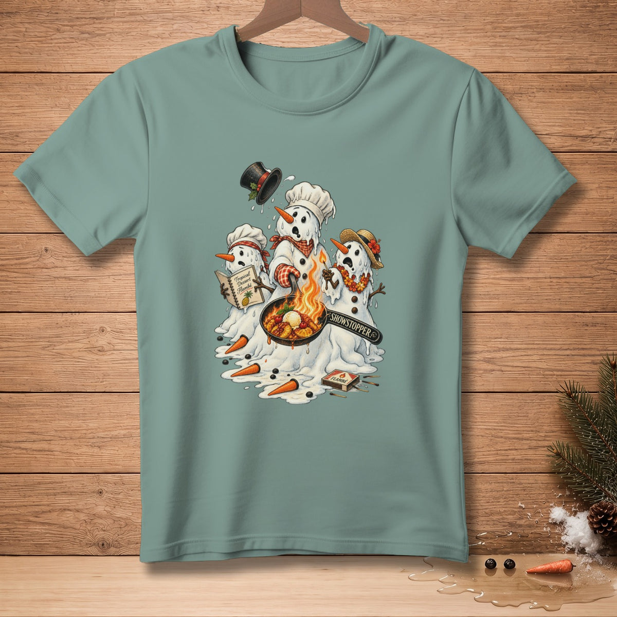 Three snowmen cooking a flaming dessert in a pan, one reads "Tropical Dessert Flambé."