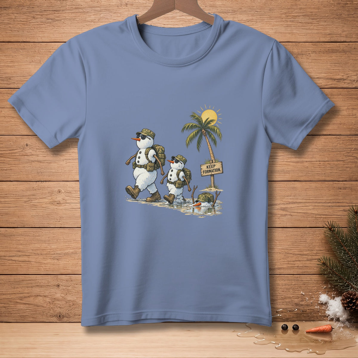 Two snowmen in camouflage hats and backpacks walk by a palm tree sign saying "KEEP FORMATION."