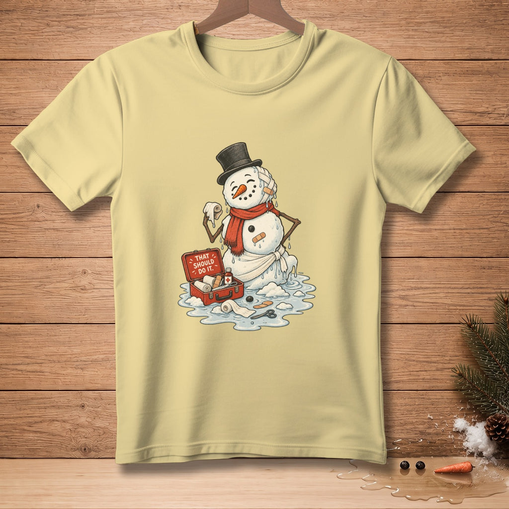 Melting snowman with first aid kit and bandages, text reads "That Should Do It."