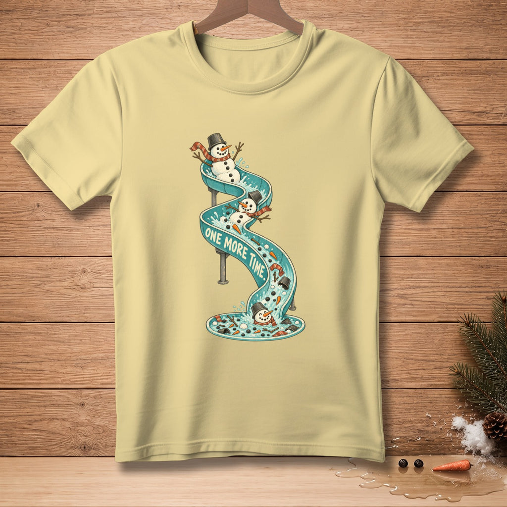 Yellow t-shirt with snowmen sliding down a water slide, reading "One More Time."