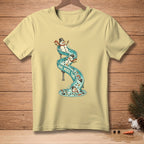 Yellow t-shirt with snowmen sliding down a water slide, reading "One More Time."