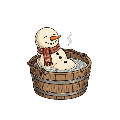 A snowman relaxing contentedly in a wooden hot tub.